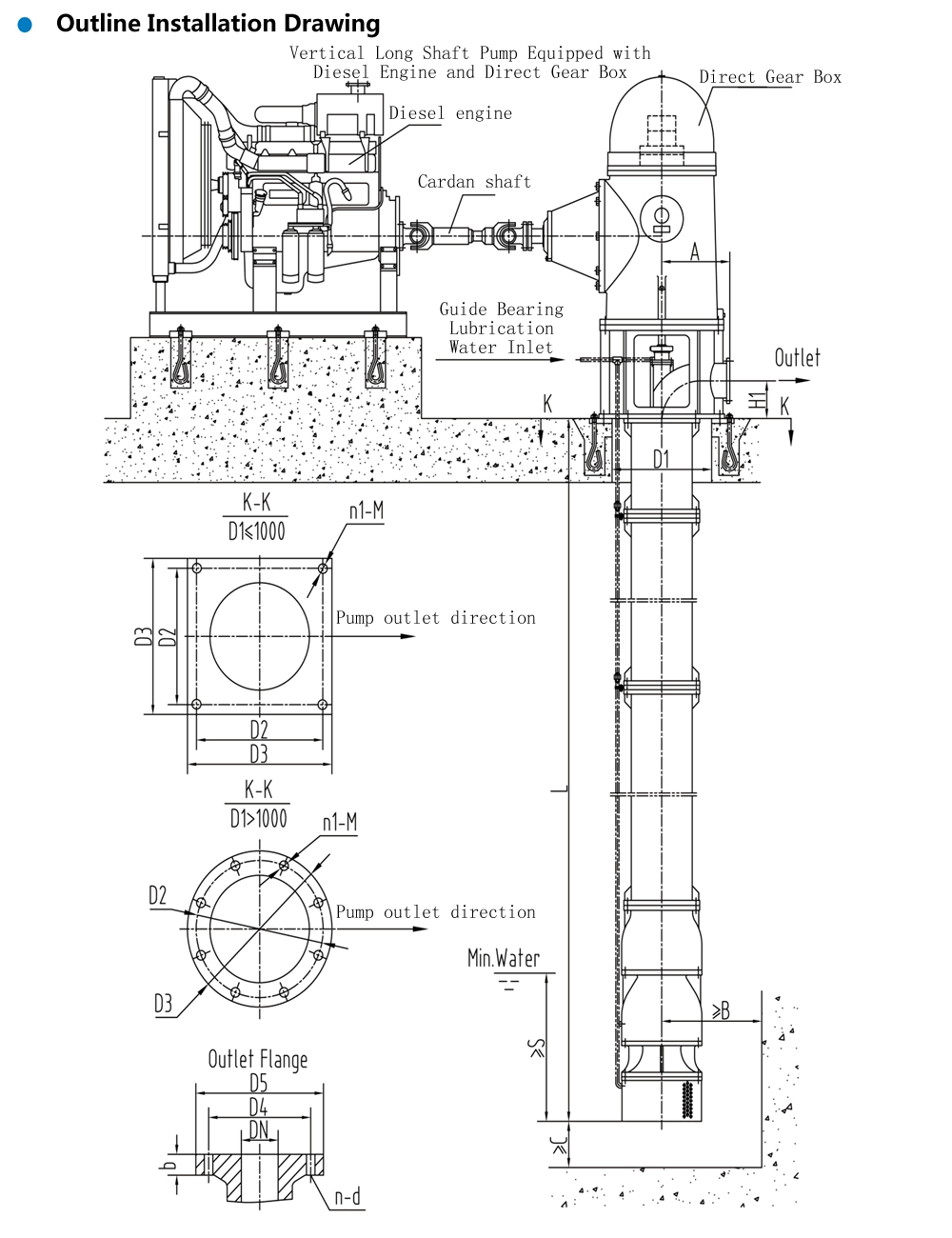 Shape Installation Drawing of Vertical Long Shaft fire turbine pumps Equipped with Diesel Engine and Direct Gear Box