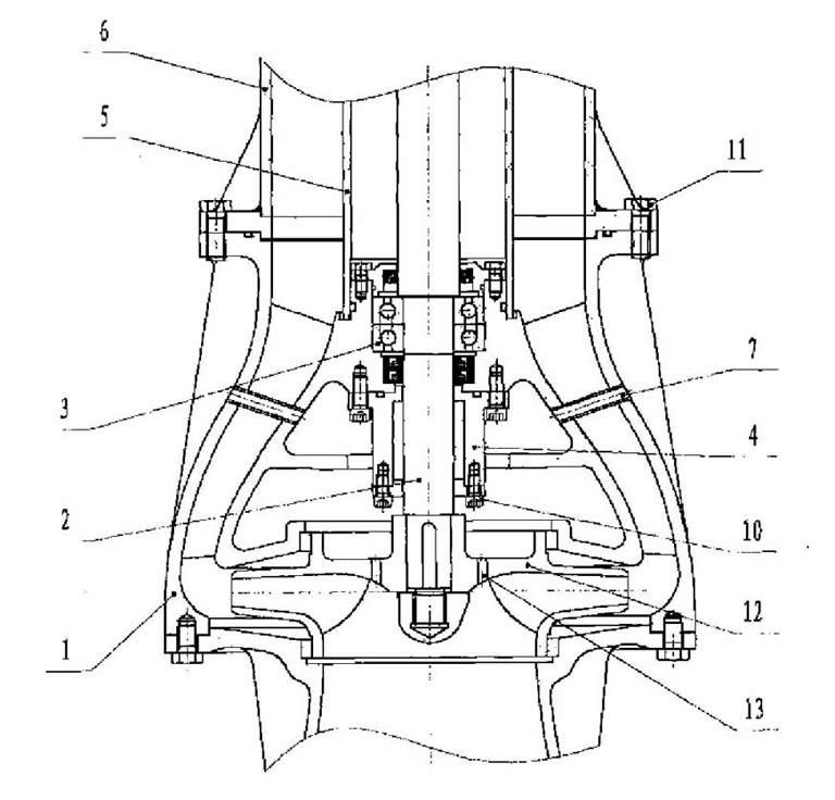 Space guide vane suspended semi submersible vertical turbine pump pressure reducing structure