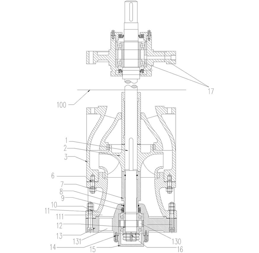 Vertical suspended semi submersible vertical turbine pump hydraulic shaft end positioning and sealing structure